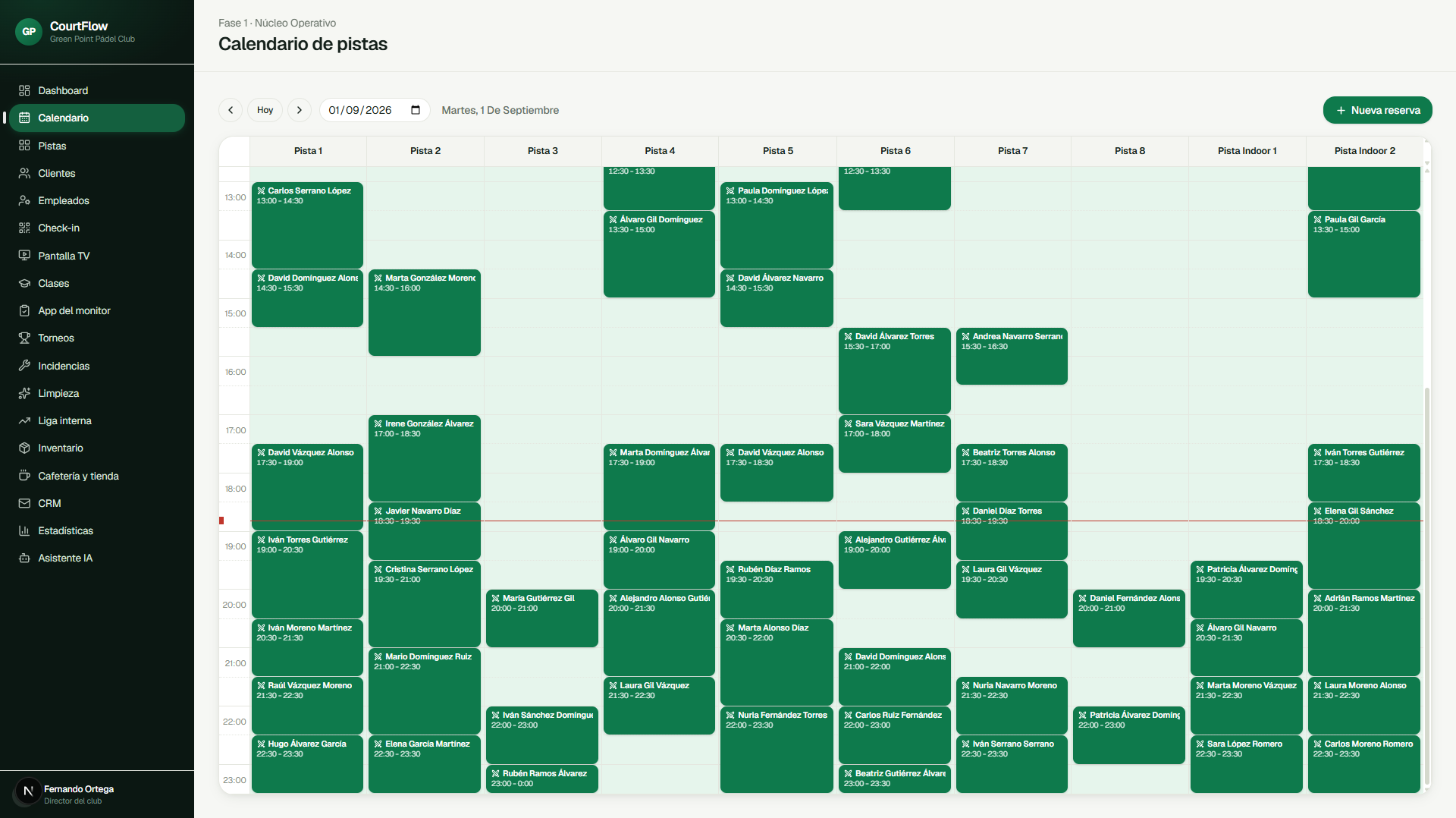 Calendario de pistas con vista diaria por recursos