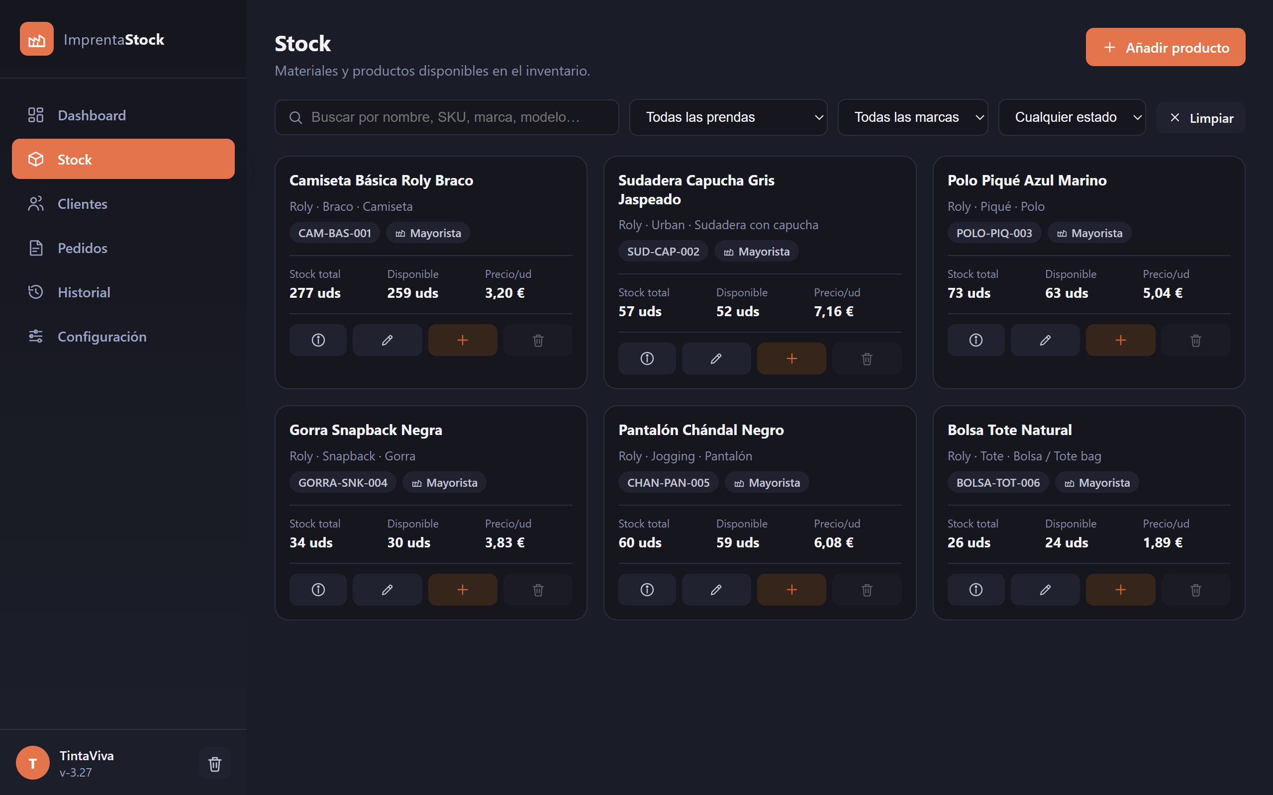 Catálogo completo con filtros por prenda, marca y estado de stock — control total de cada variante en un solo listado.