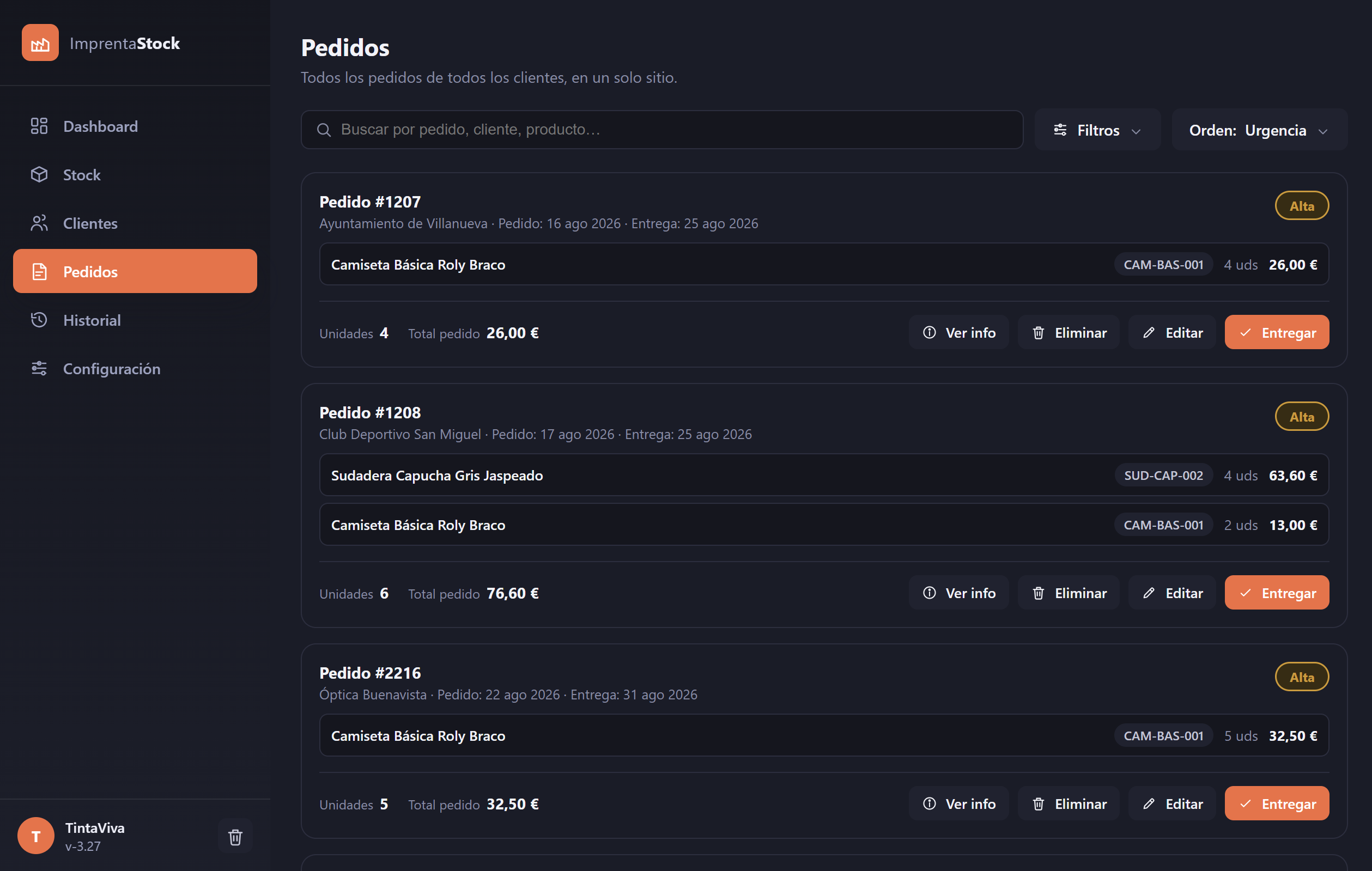Todos los pedidos de cliente ordenados por urgencia, con prioridad automática — incluida la alerta de "Fuera de plazo" para los que ya se han pasado de fecha.