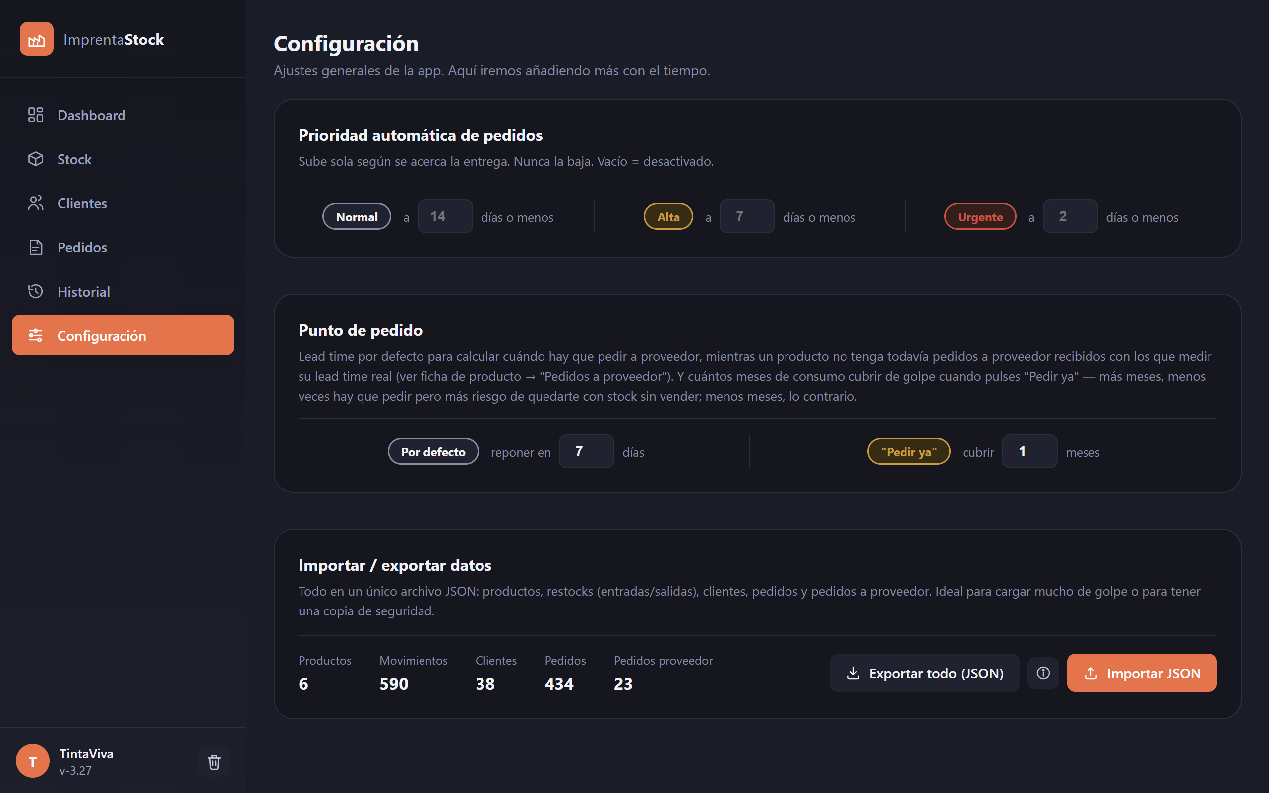Ajustes del negocio: prioridad automática de pedidos por días de entrega, punto de pedido a proveedor, e importación/exportación completa de datos en un solo archivo.